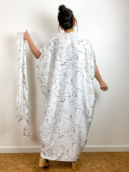 High Low Kimono White Black Abstract Face Hammered Satin
