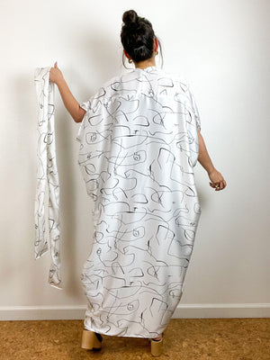 High Low Kimono White Black Abstract Face Hammered Satin