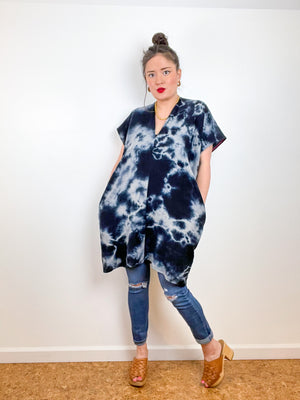 Double Gauze Smock Dress Black Grey Tie Dye