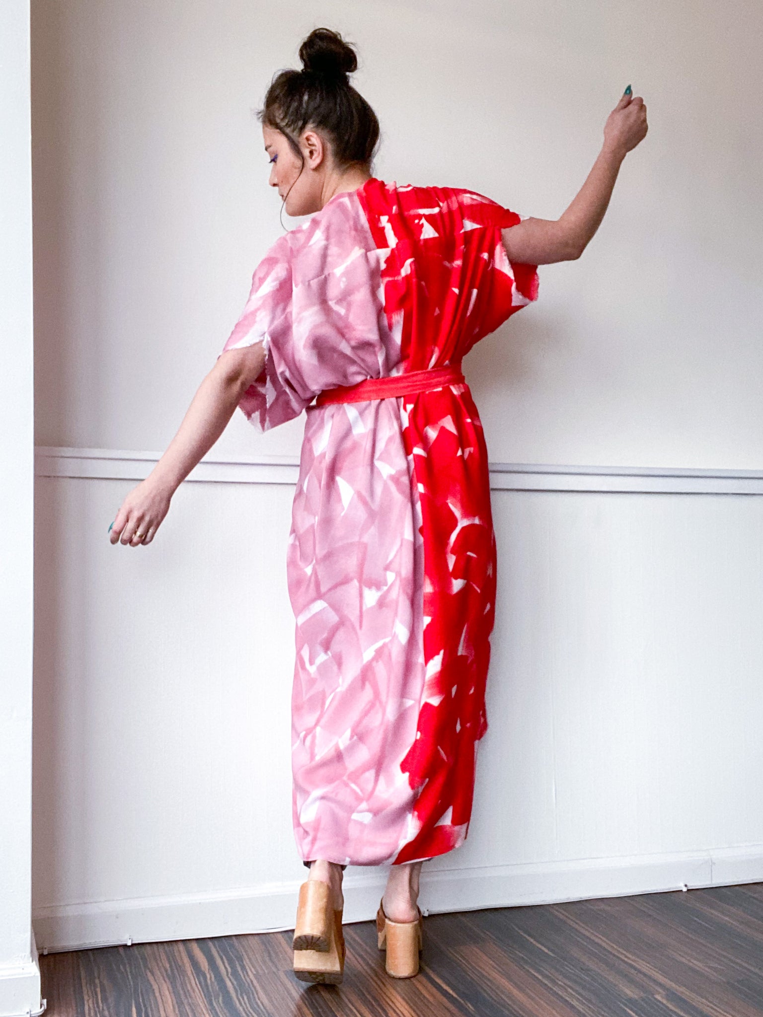 Limited Edition Hand-Dyed High Low Kimono Scarlet Pink