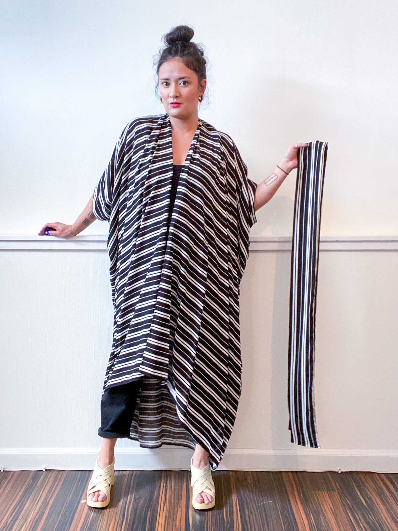 Print High Low Kimono Black White Stripes Rayon Challis