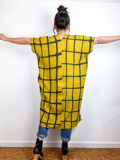 Hand-Dyed Midi Smock Dress Marigold Black Windowpane
