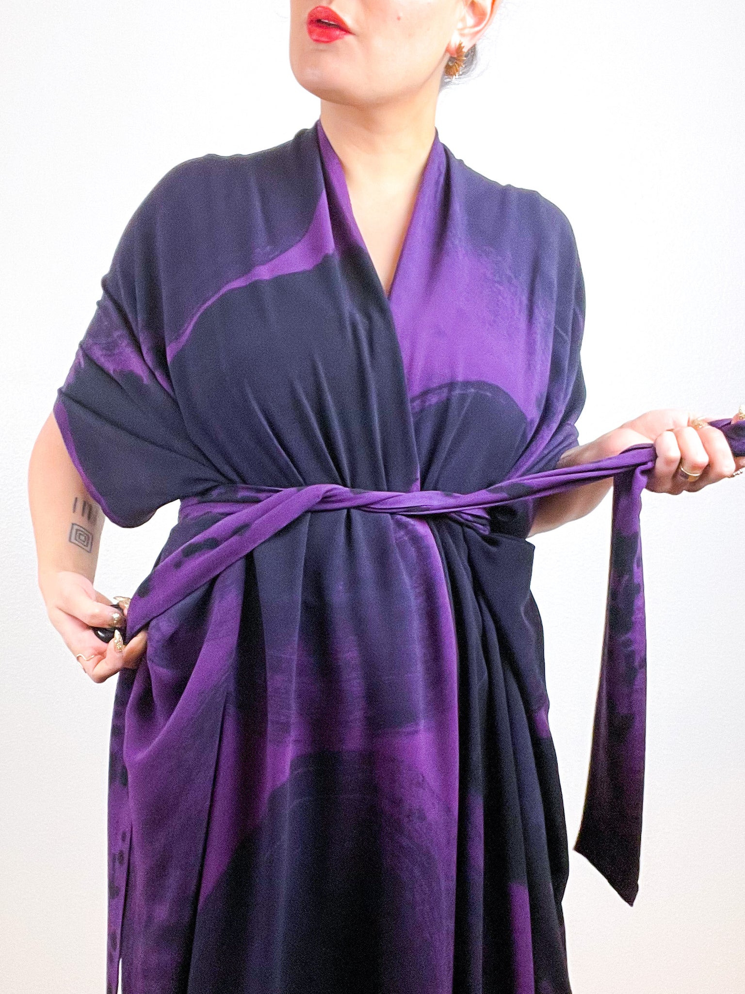 Hand-Dyed High Low Kimono Plum Black Brushstroke
