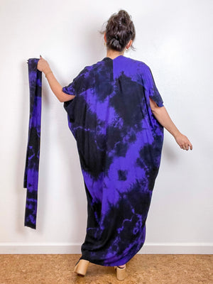 Hand-Dyed High Low Kimono Purple Black Tie