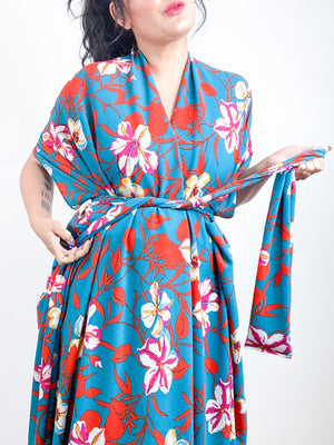 Print High Low Kimono Turquoise Orange Floral Bubble Crepe