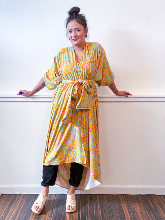 Print High Low Kimono Mint Marigold Peony Knit