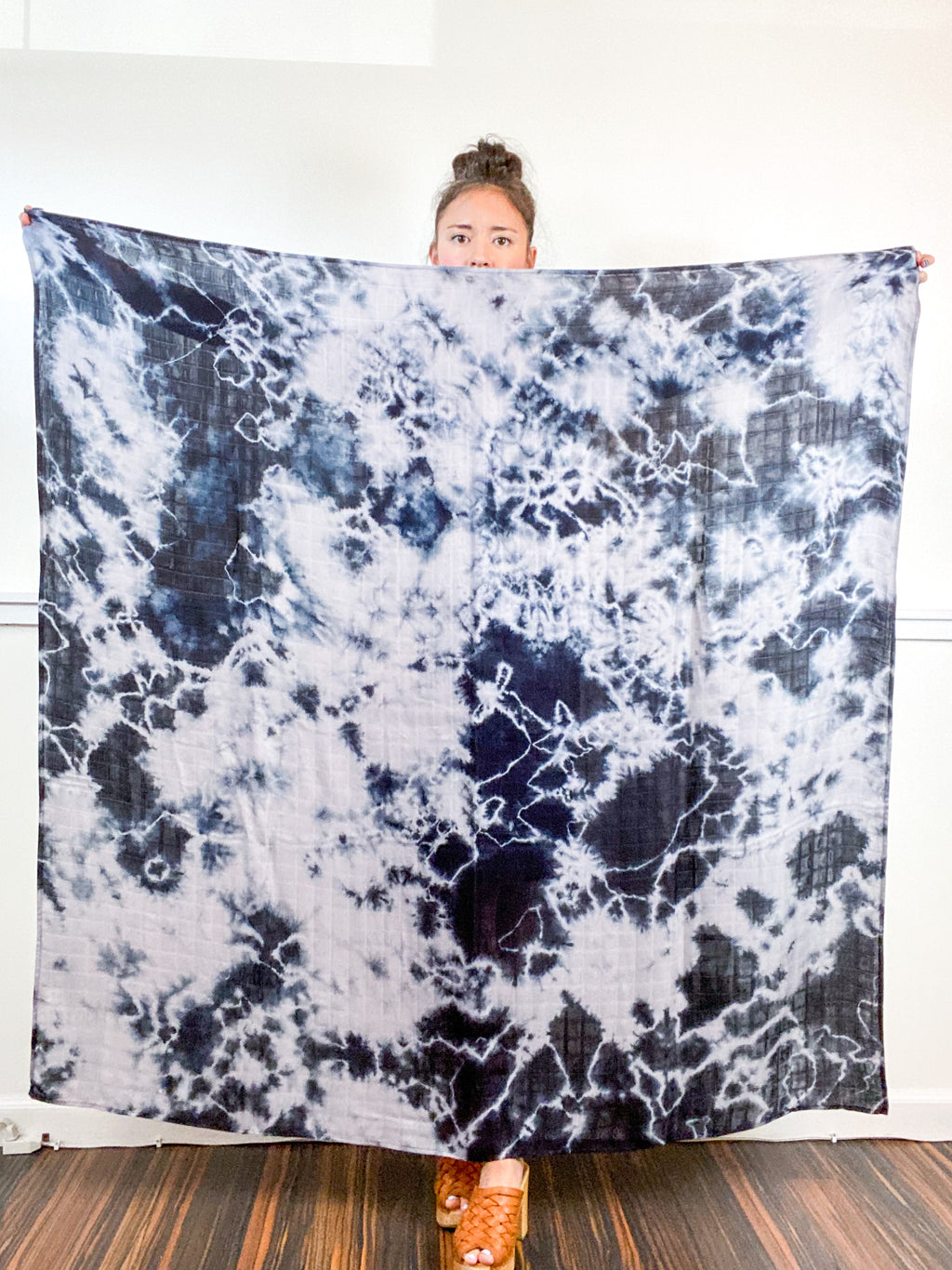 Hand-Dyed Large Square Scarf Grey Black Tie