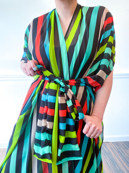 Print High Low Kimono Black Multicolor Stripes Chiffon