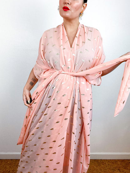 Print High Low Kimono Blush Gold Leaf Chiffon