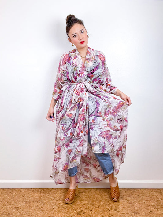 Print High Low Kimono Pink Feathers Chiffon