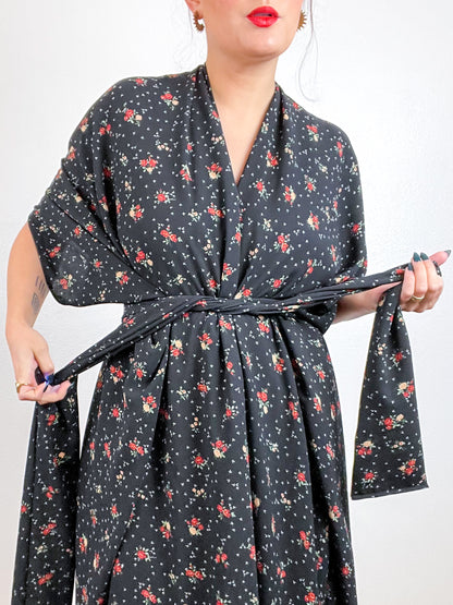 Print High Low Kimono Black Mini Rose Bubble Crepe