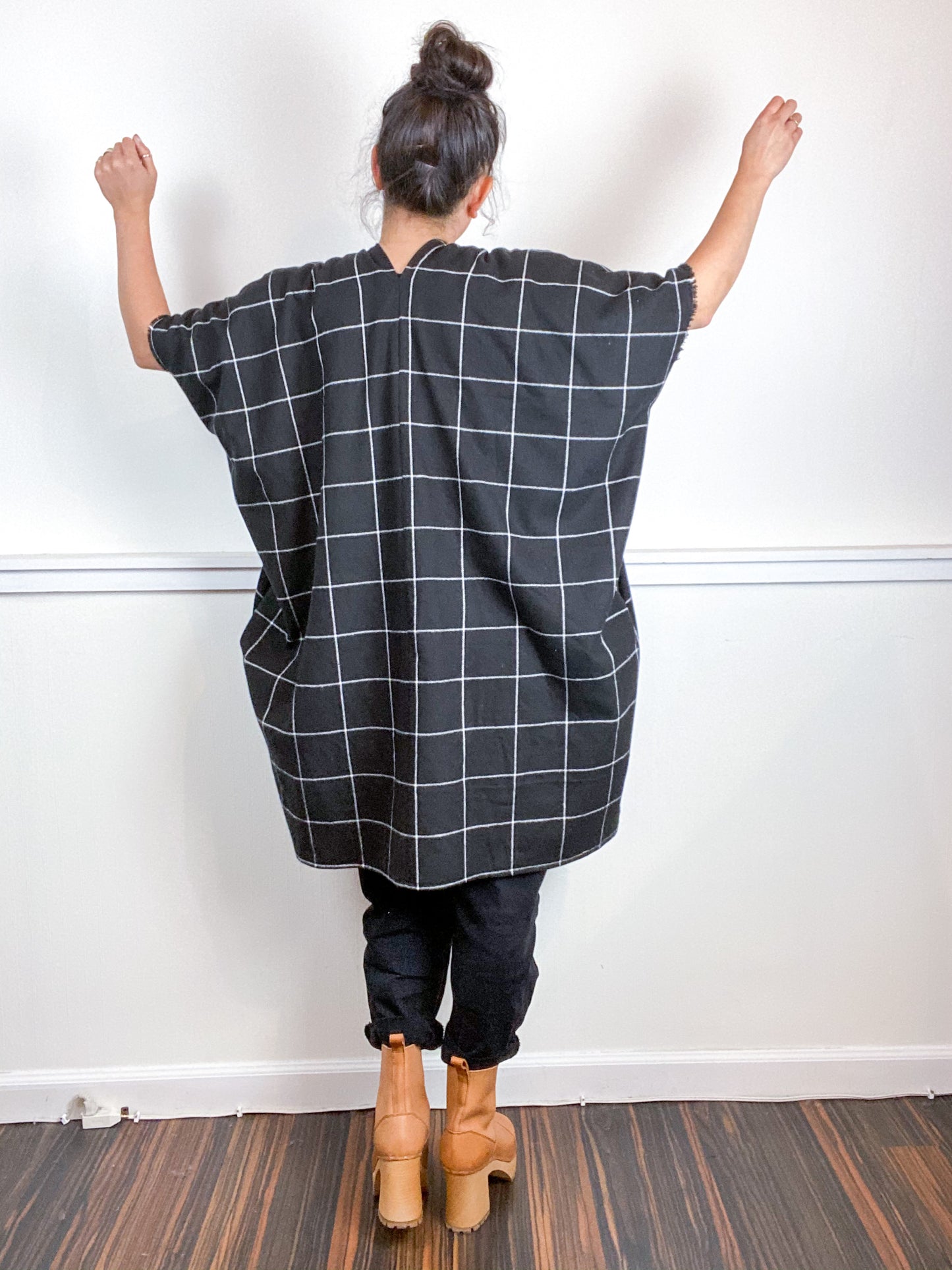 Plaid Smock Dress Mini Length Black Windowpane