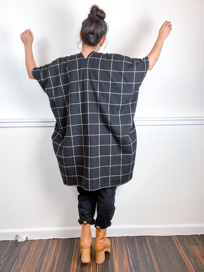 Plaid Smock Dress Mini Length Black Windowpane