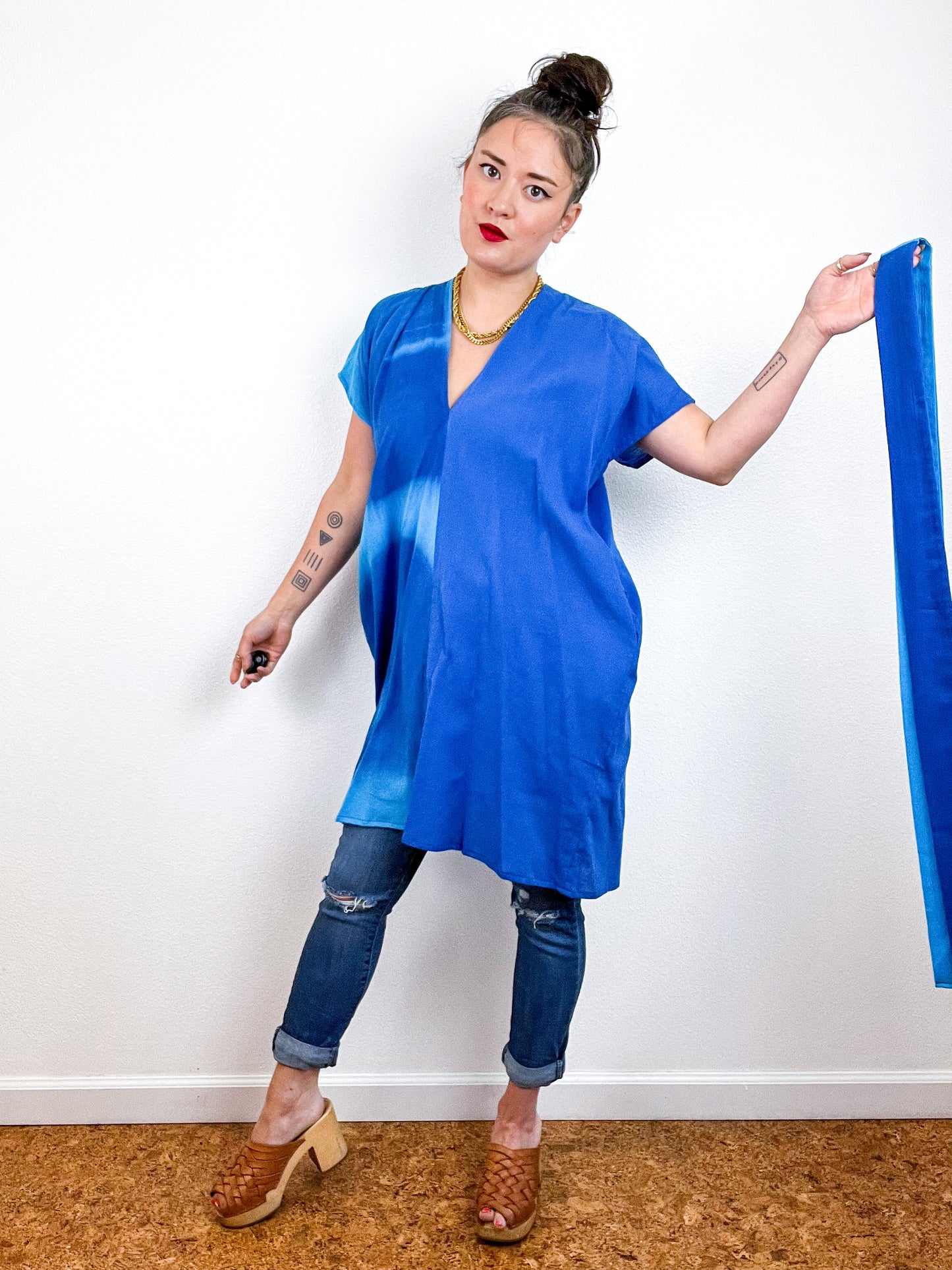 Single Gauze Mini Caftan Dress Turquoise Royal Brushstrokes