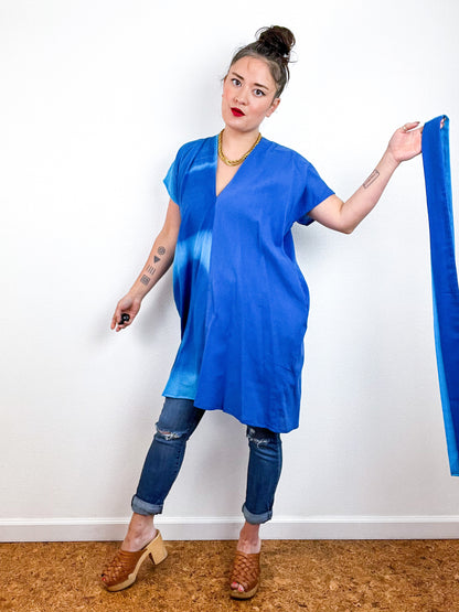 Single Gauze Mini Caftan Dress Turquoise Royal Brushstrokes