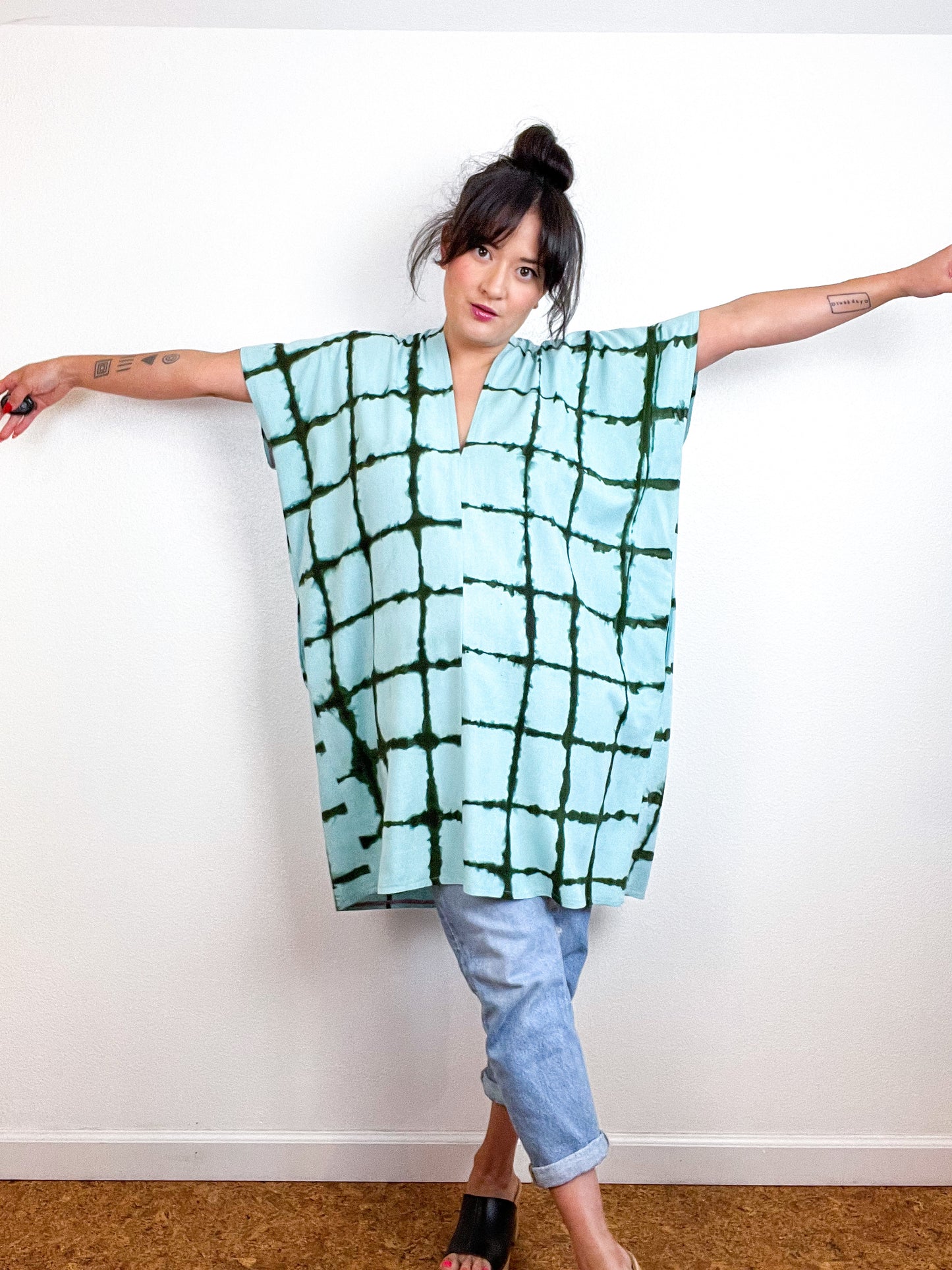 Hand-Dyed Mini Smock Dress Aqua Forest Windowpane