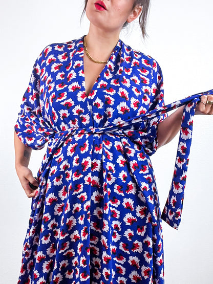 Print High Low Kimono Blue Red Burst Georgette