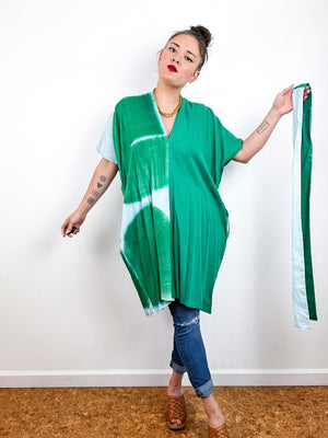 Single Gauze Mini Caftan Dress Green Aqua Brushstrokes