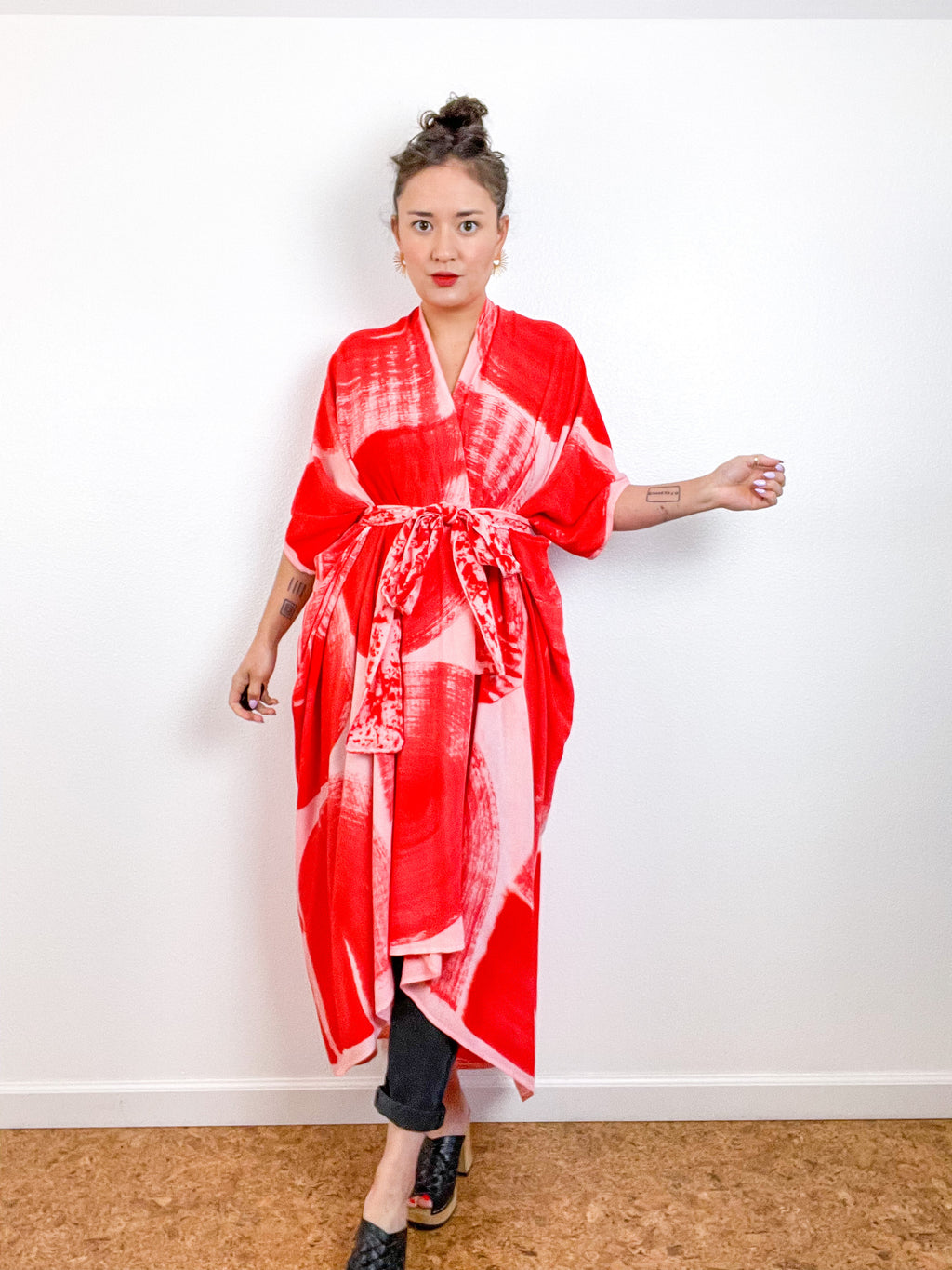 Hand-Dyed High Low Kimono Blush Scarlet Brushstroke