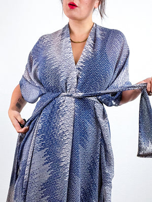 Print High Low Kimono Blue Waves Crinkle Chiffon