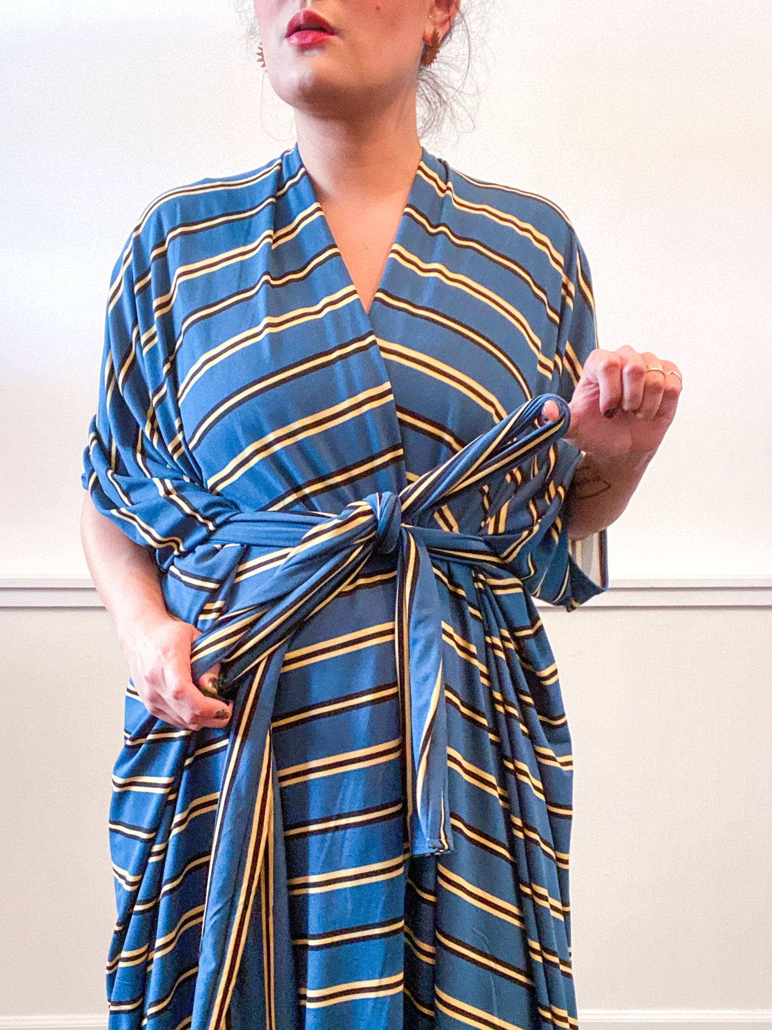 Print High Low Kimono Teal Stripes Knit