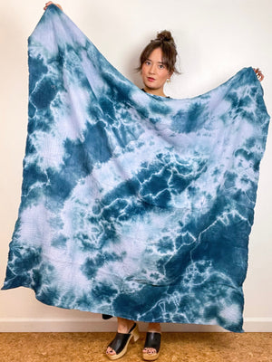 Hand-Dyed Double Gauze Blanket Scarf Teal Lilac Tie