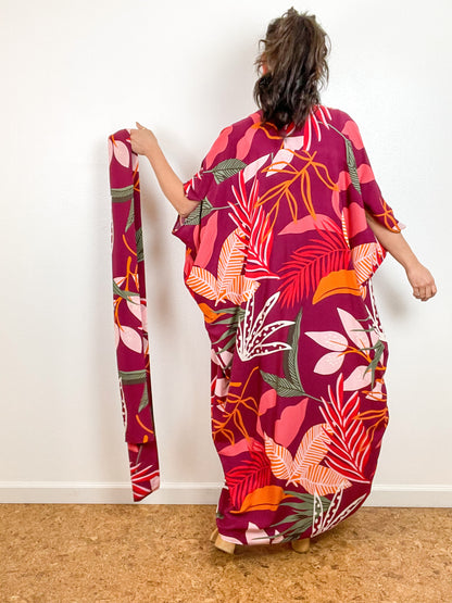 Print High Low Kimono Maroon Mod Leaves Challis
