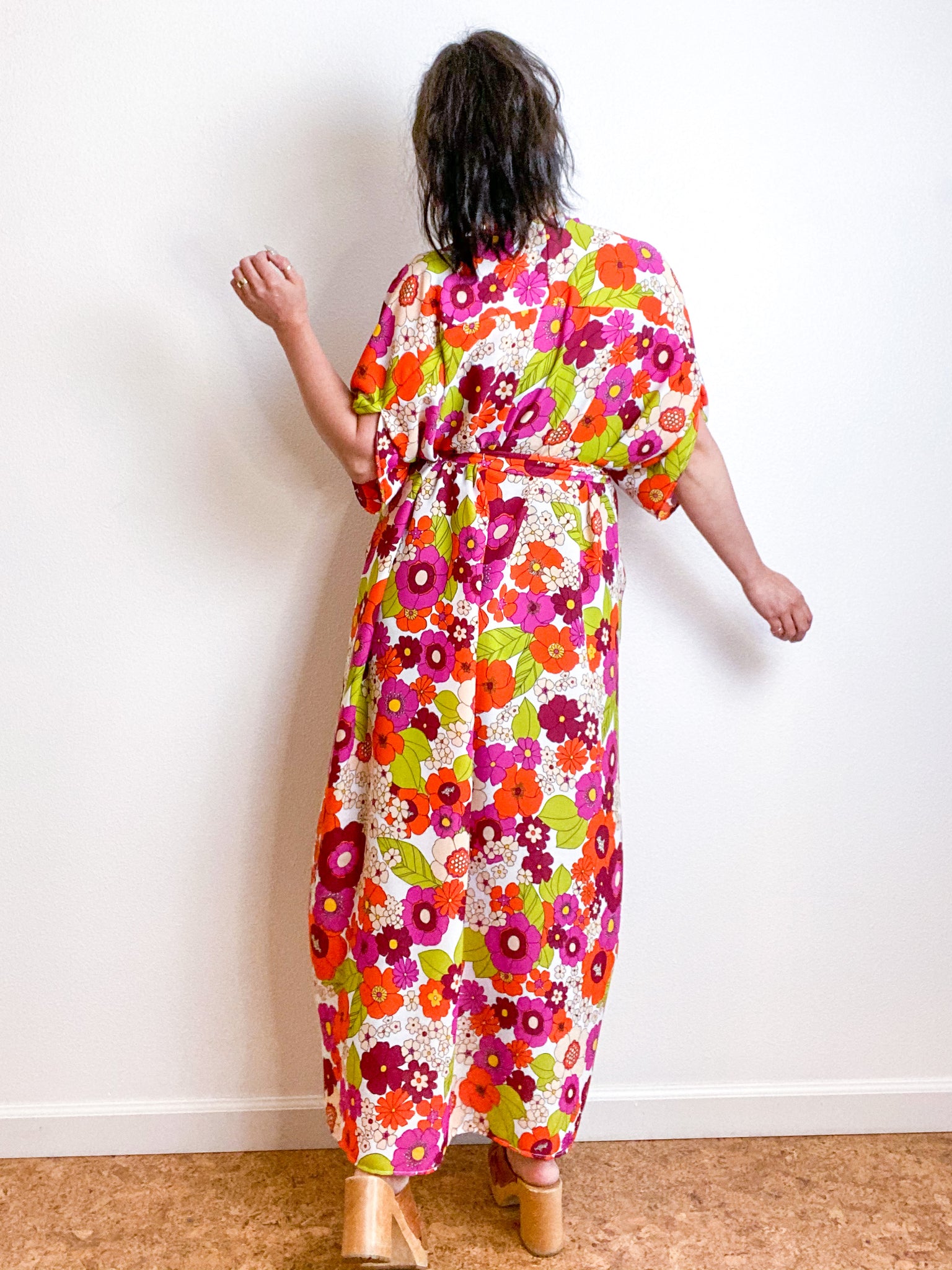 Print High Low Kimono Retro Floral Crepe