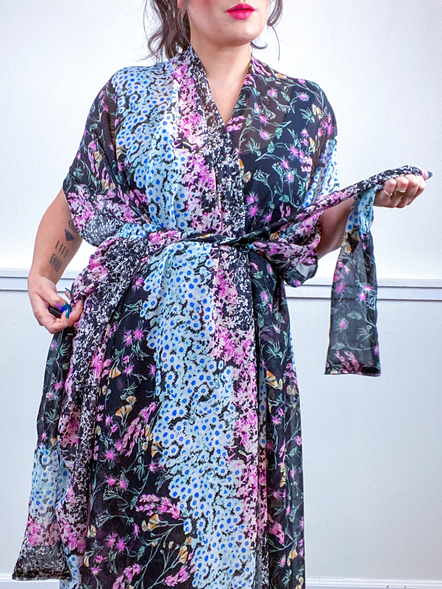 Print High Low Kimono Floral Stripe Crinkle Chiffon