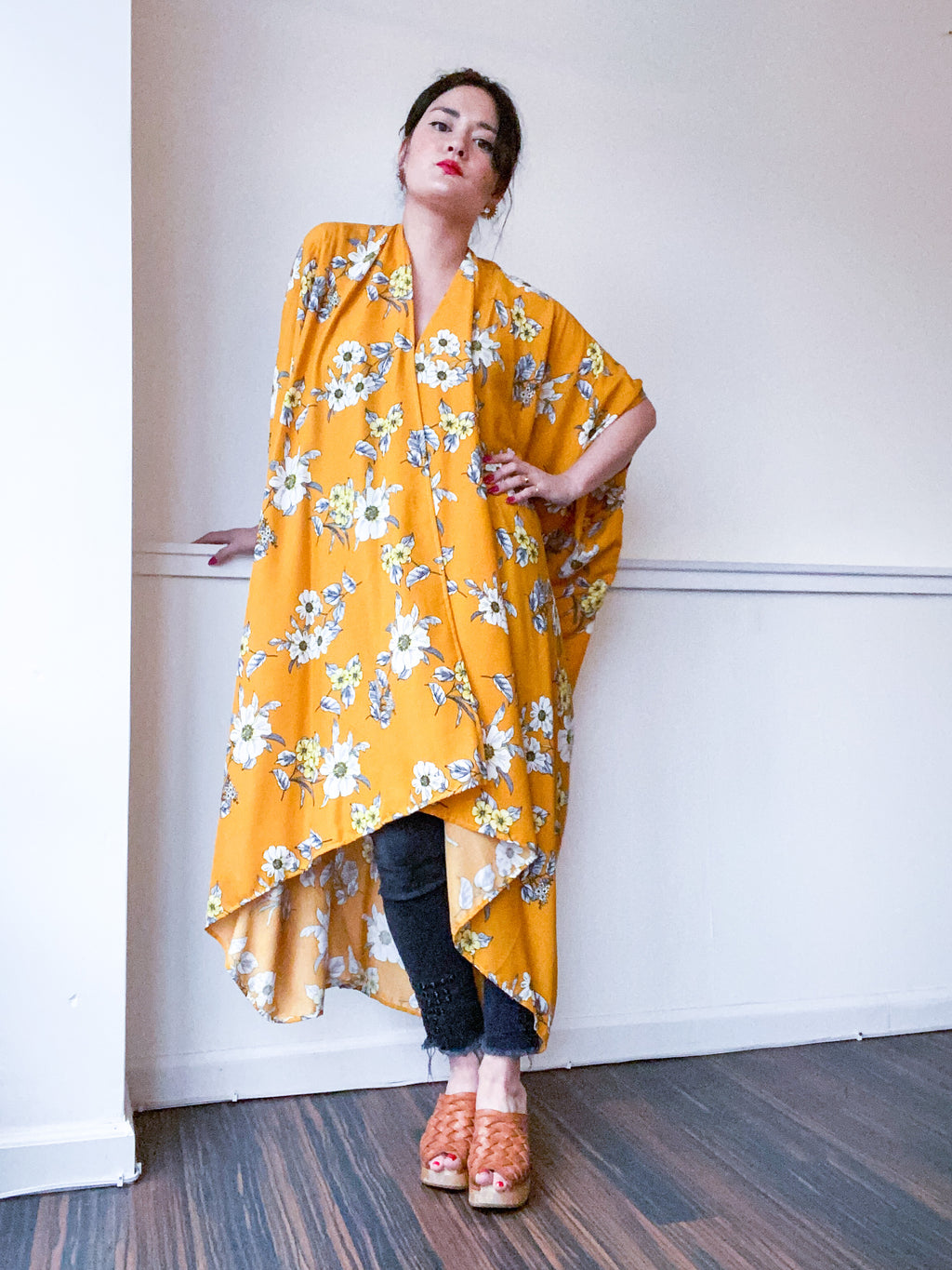 Print High Low Kimono Mustard Floral