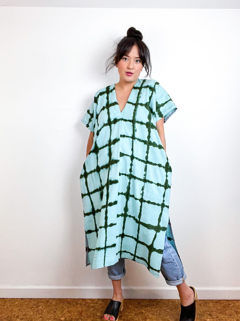 Hand-Dyed Midi Smock Dress Aqua Forest Windowpane