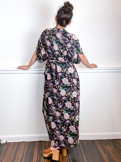 Print High Low Kimono Black Lavender Floral Bubble Crepe