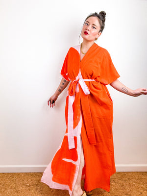 Single Gauze Duster Kimono Orange Blush Brushstrokes