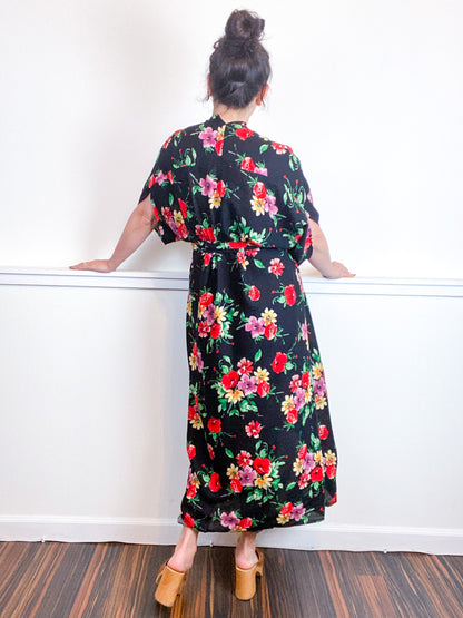 Print High Low Kimono Black Red Floral Rayon Challis