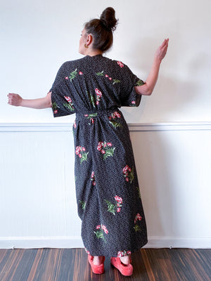 High Low Kimono Black Dots and Floral Bubble Crepe