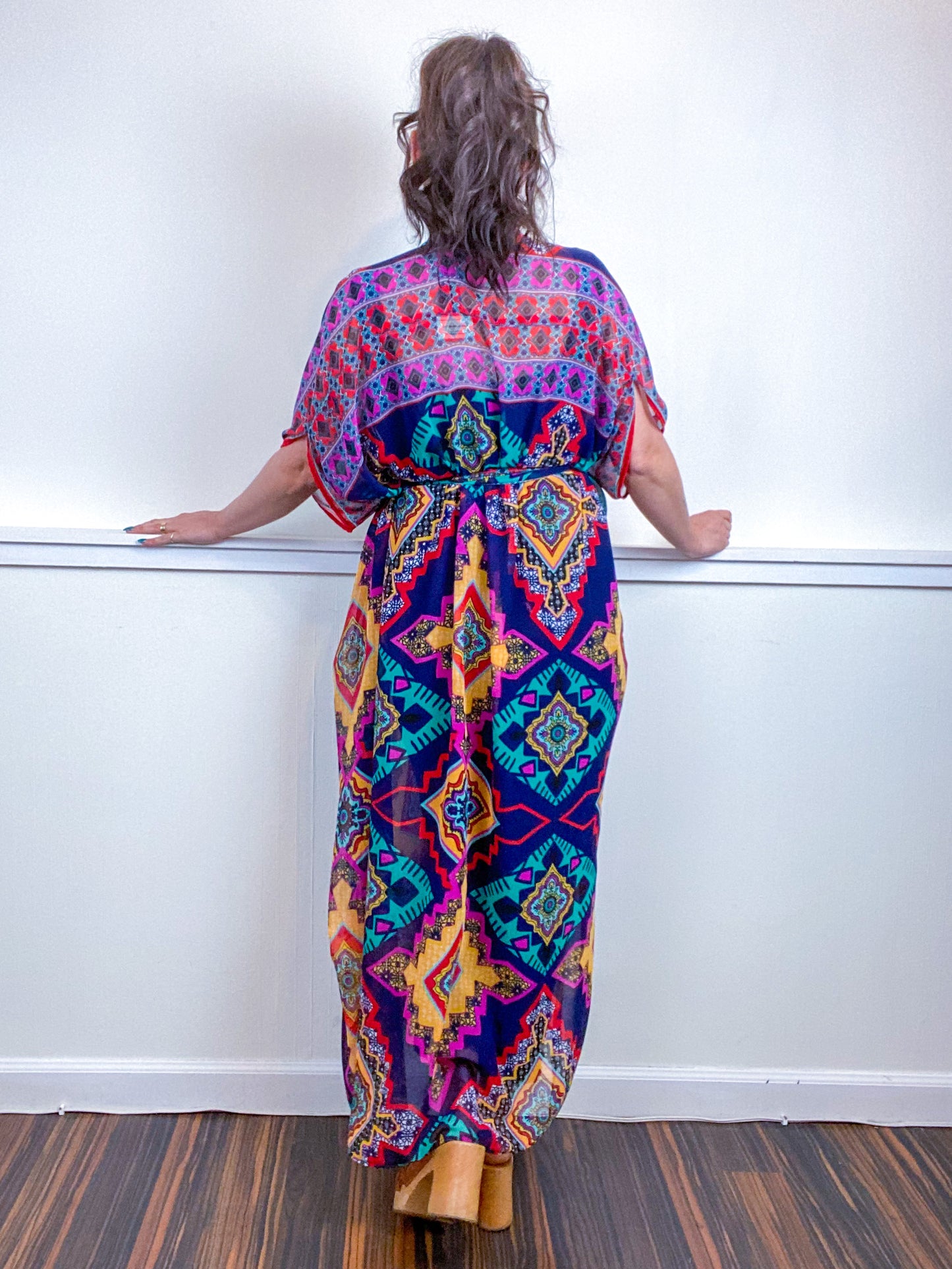 Print High Low Kimono Multicolor Tiles Chiffon