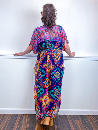 Print High Low Kimono Multicolor Tiles Chiffon