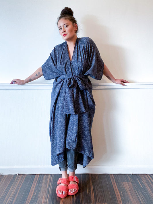 Print High Low Kimono Navy Mini Dots Crepe de Chine