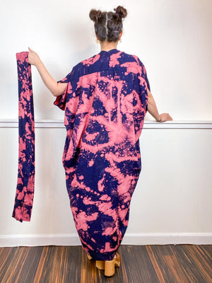 Hand-Dyed High Low Kimono Navy Peach Bleach