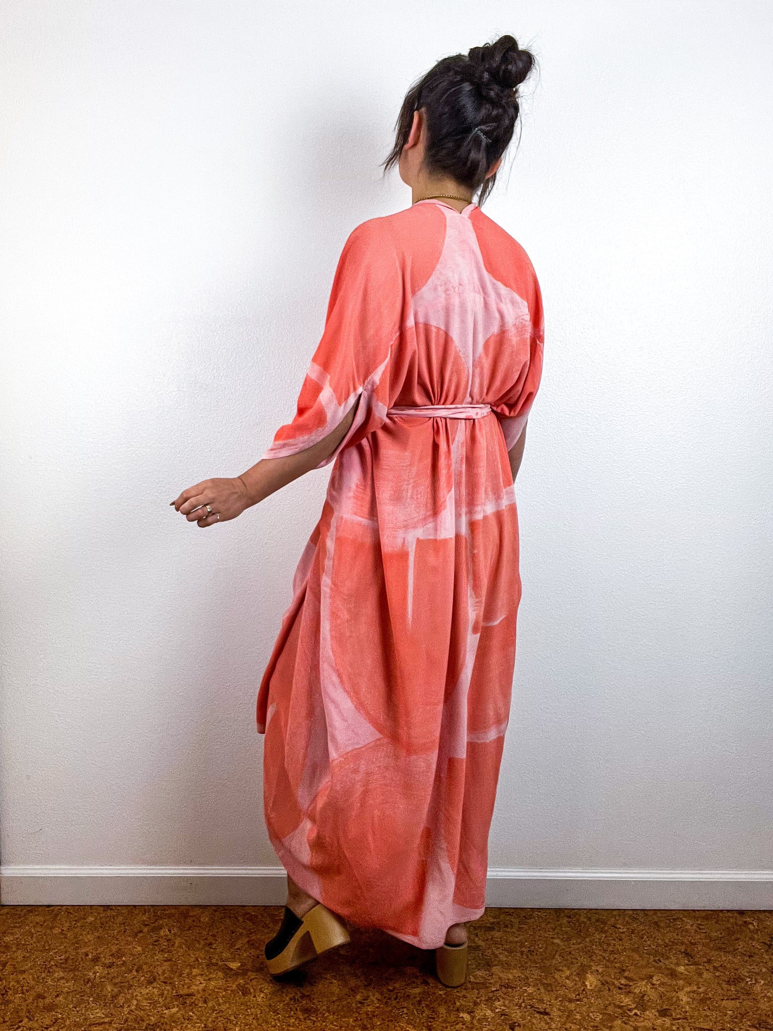 Hand-Dyed High Low Kimono Peach Coral Brushstroke