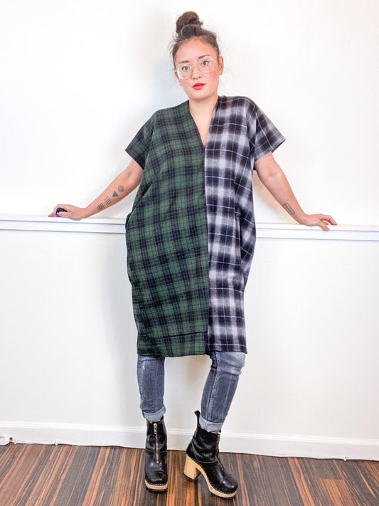 Plaid Smock Dress Green Grey
