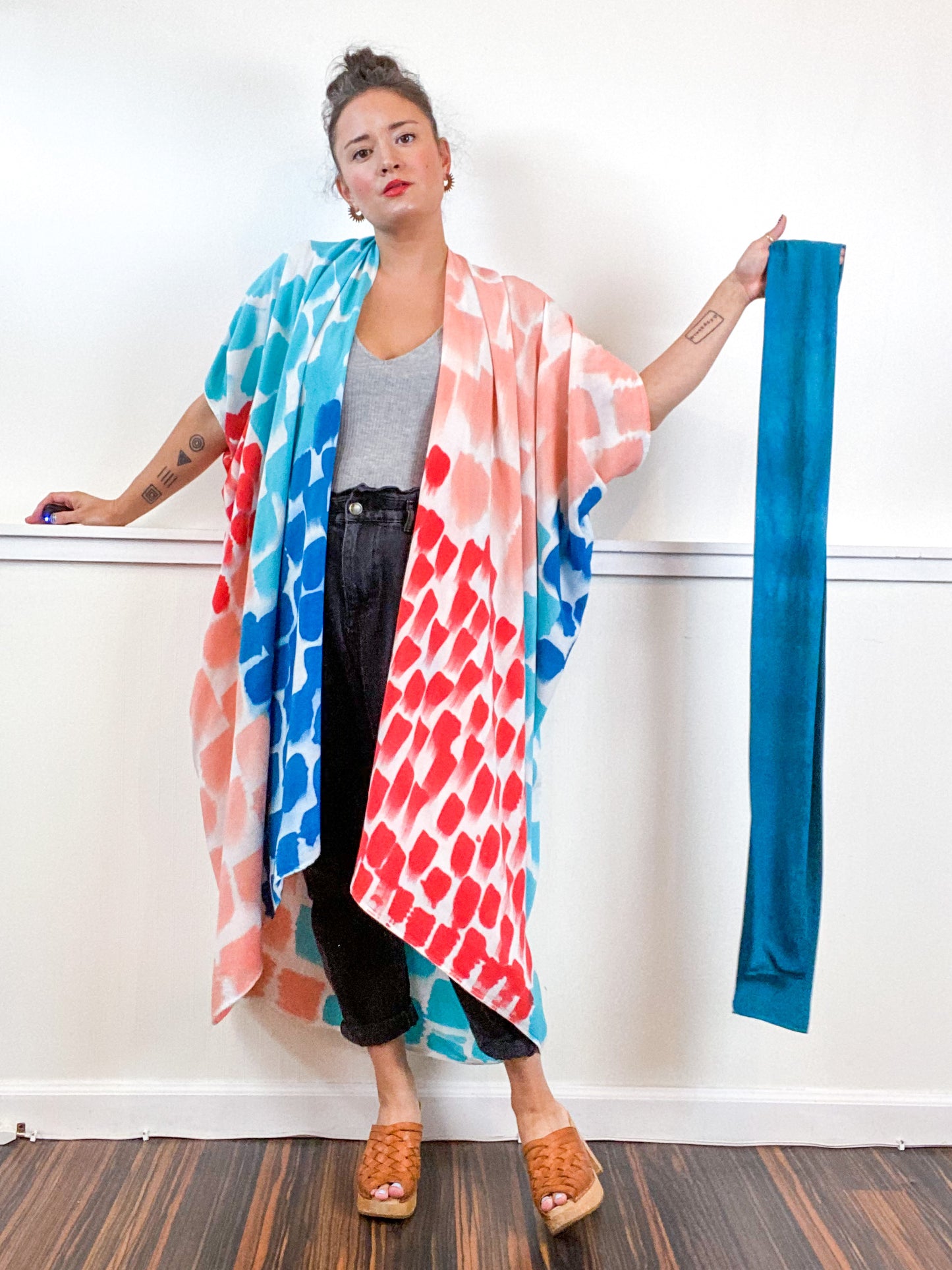 OOAK Hand-Dyed High Low Kimono Coral Parakeet Scarlet Kingfisher Rectangles