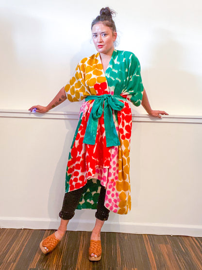Limited Edition Hand-Dyed High Low Kimono Emerald Scarlet Pink Marigold