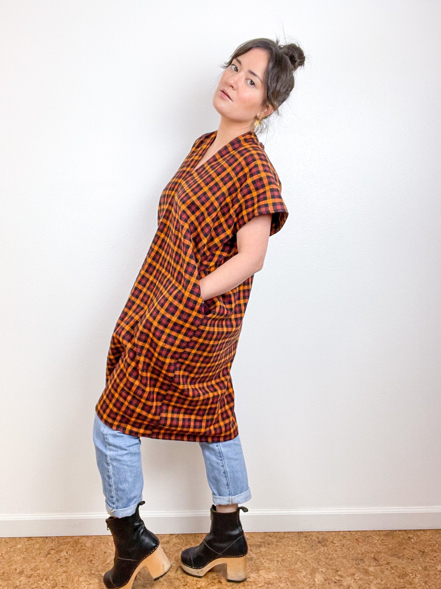 Plaid Flannel Smock Dress Maroon Orange