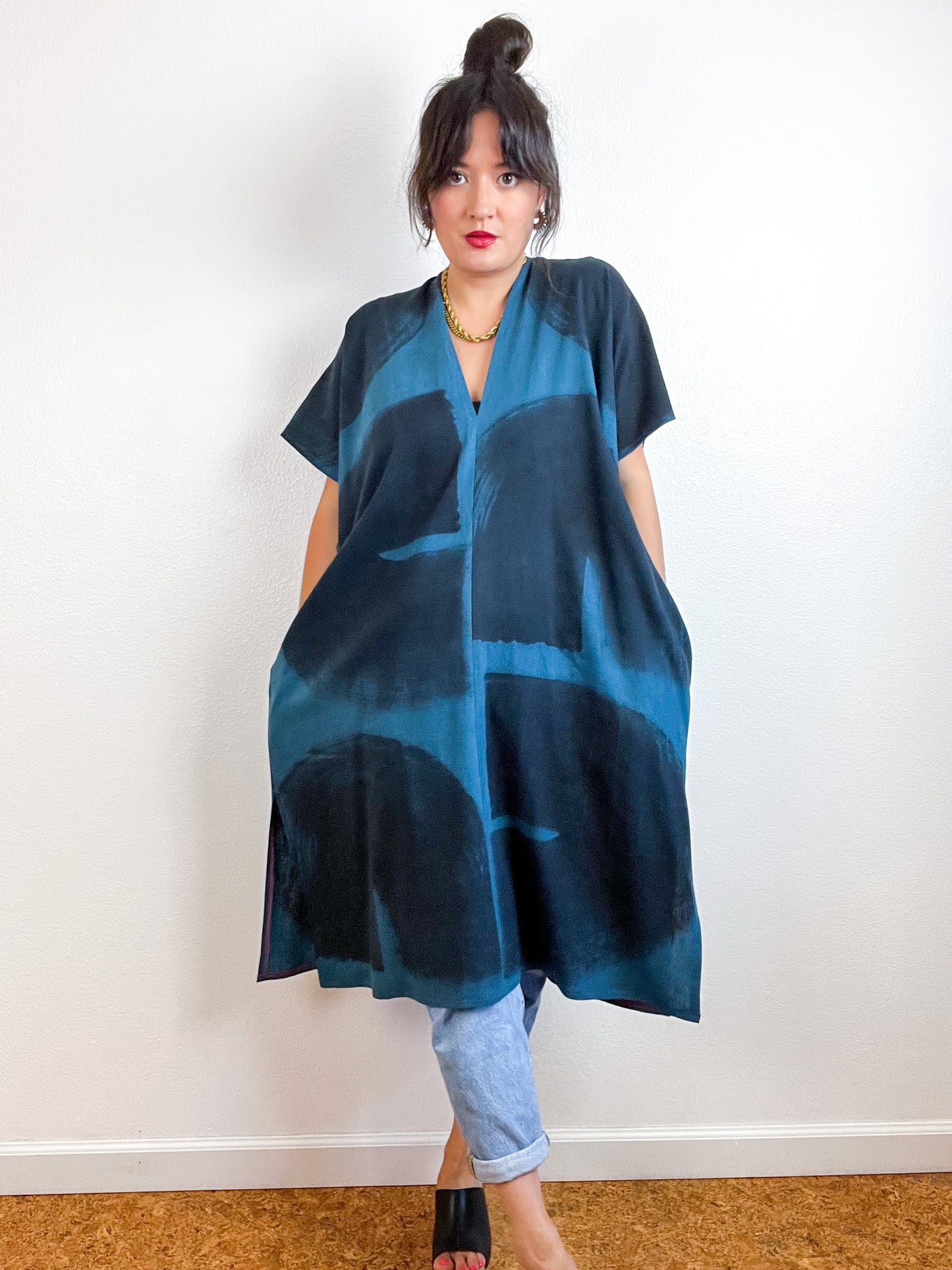 Hand-Dyed Midi Smock Dress Teal Black Brush