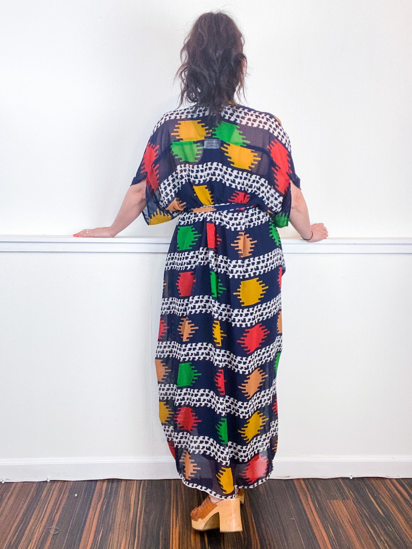 Print High Low Kimono Navy Southwest Chiffon