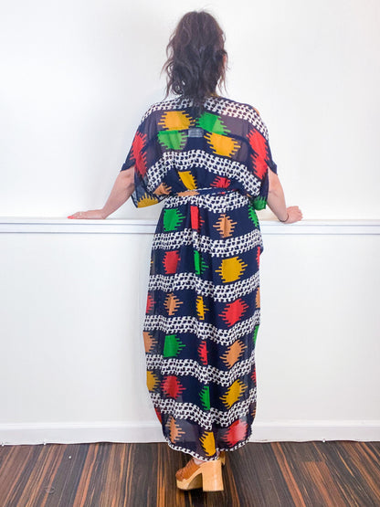 Print High Low Kimono Navy Southwest Chiffon
