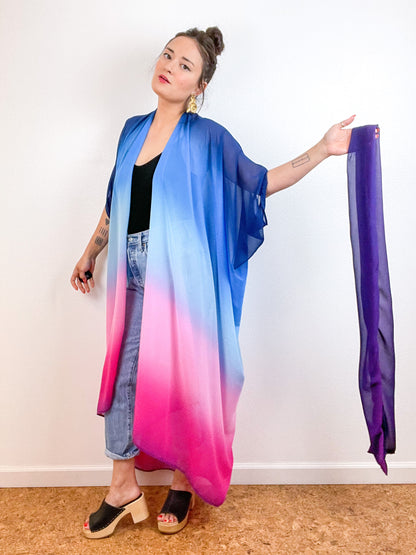 Print High Low Kimono Blue Pink Ombre Chiffon