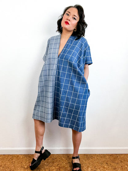 Chambray Windowpane Mini Smock Dress Two Tone