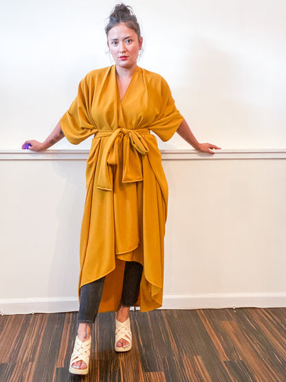 Solid High Low Kimono Turmeric Crepe De Chine
